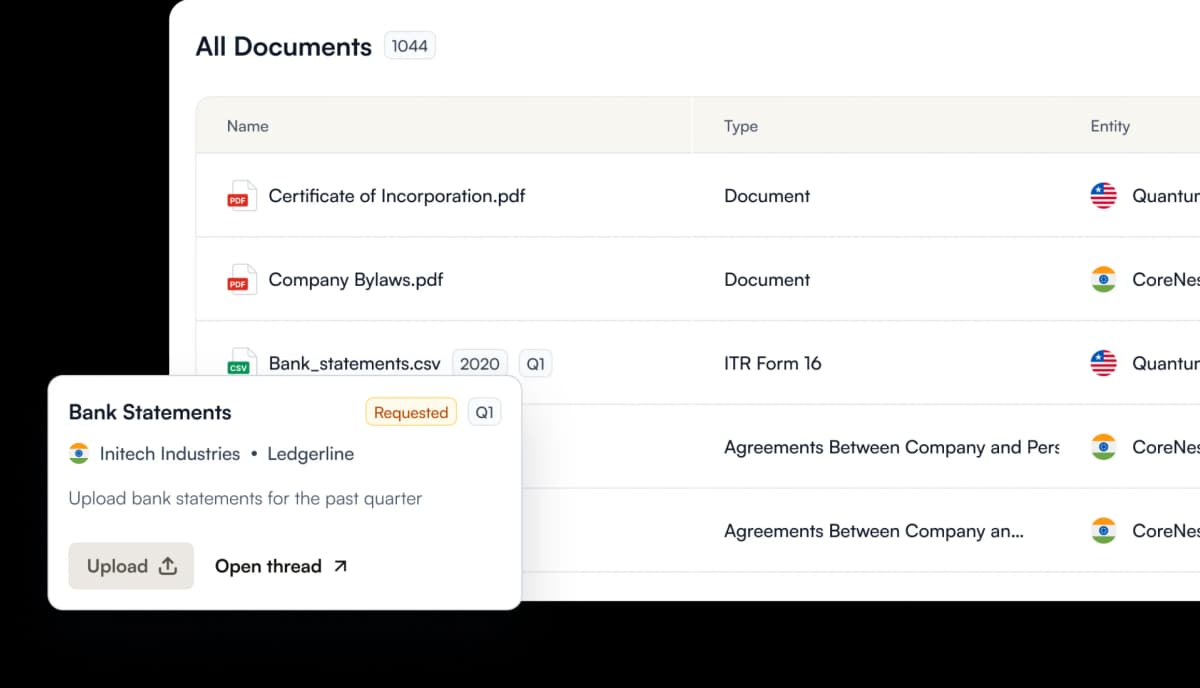 Commenda documents dashboard listing certificates of incorporation, bylaws, and bank statements