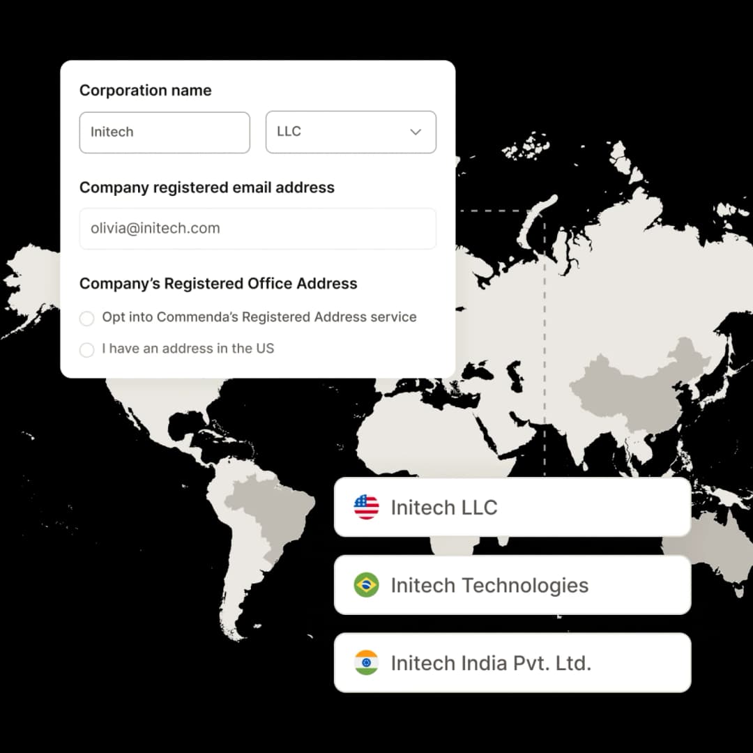 Commenda entity registration form showing corporation name, email, and registered address fields with a world map