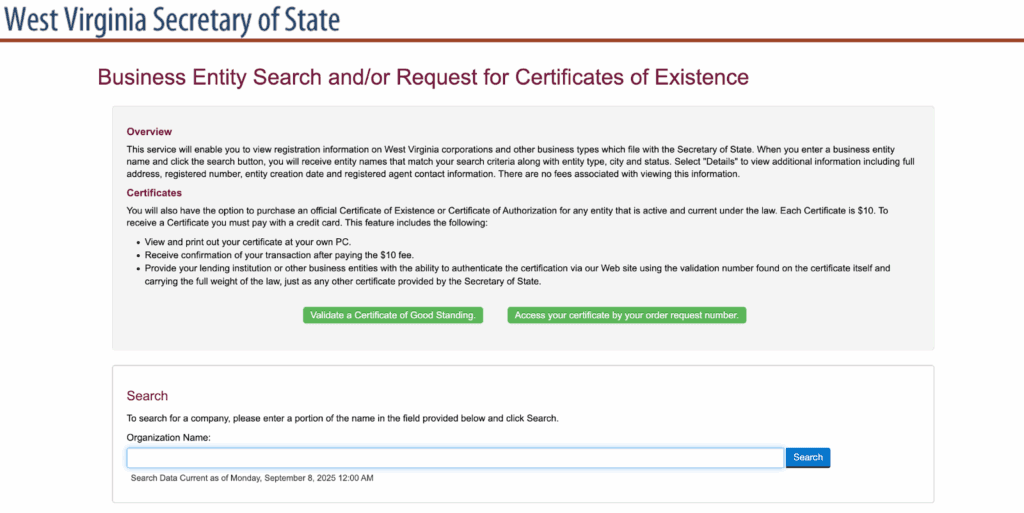 West Virginia Secretary of State Website