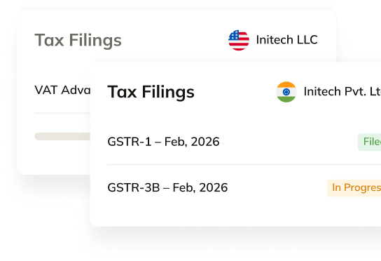 Commenda global indirect tax filings list with VAT and GST rows and status pills