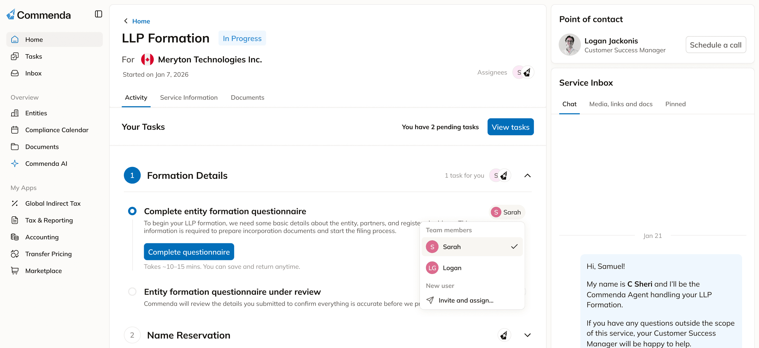 Commenda dashboard showing a Canadian LLP formation in progress with tasks, point of contact, and service inbox
