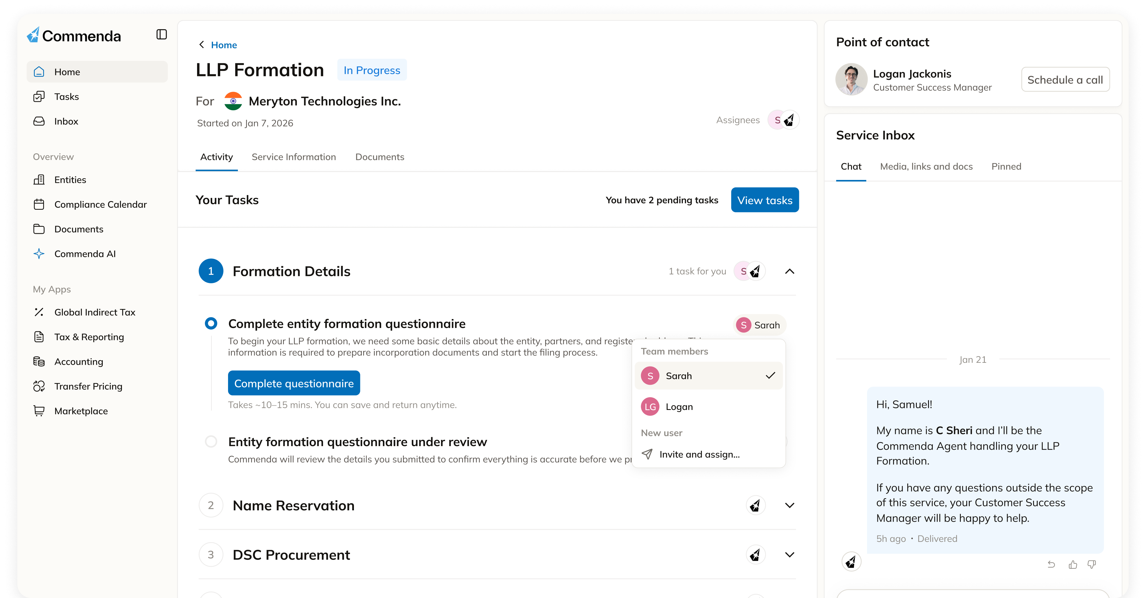 Commenda dashboard showing an in-progress Indian company formation with tasks, point of contact, and service inbox