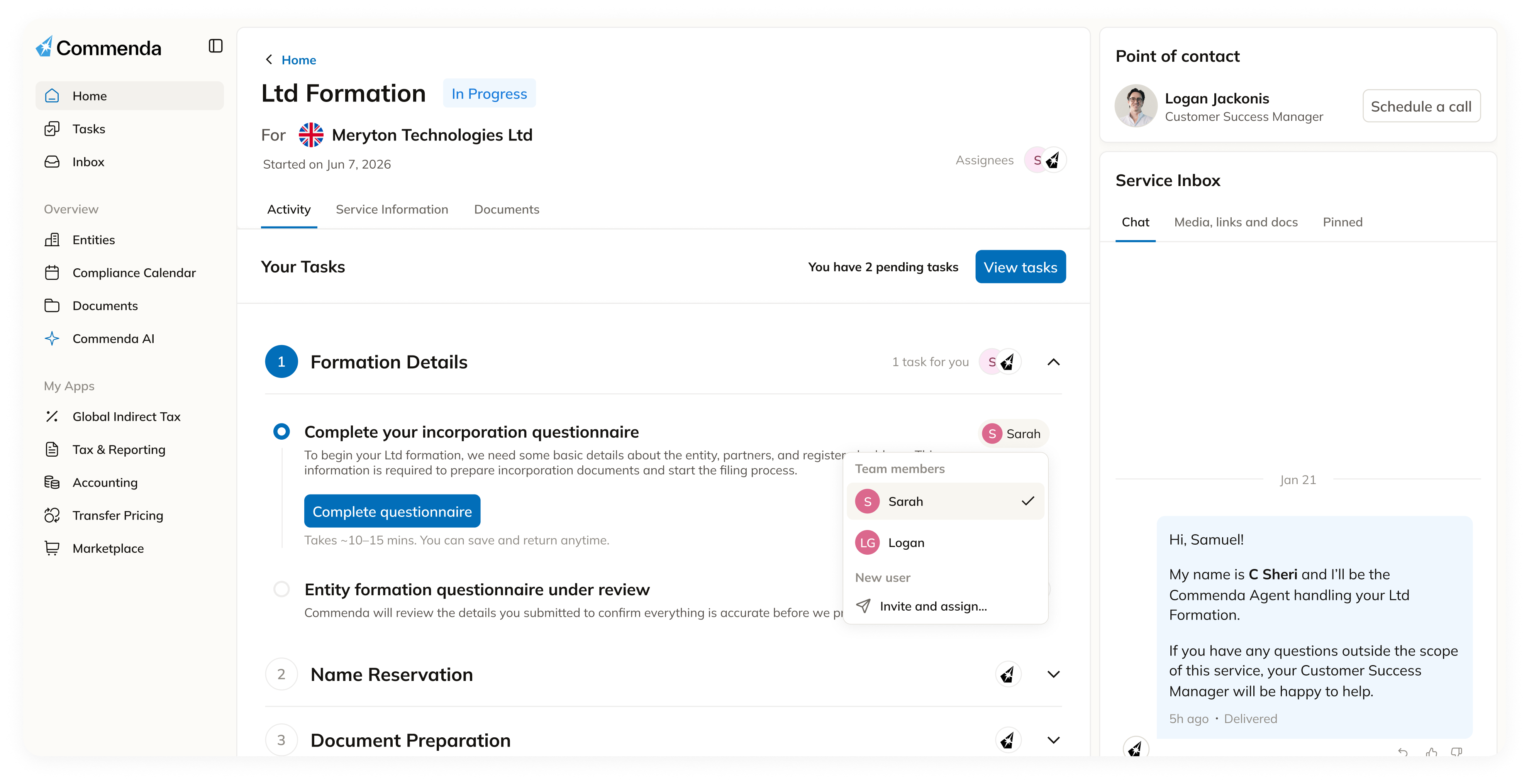 Commenda dashboard showing an in-progress UK company formation with tasks, point of contact, and service inbox