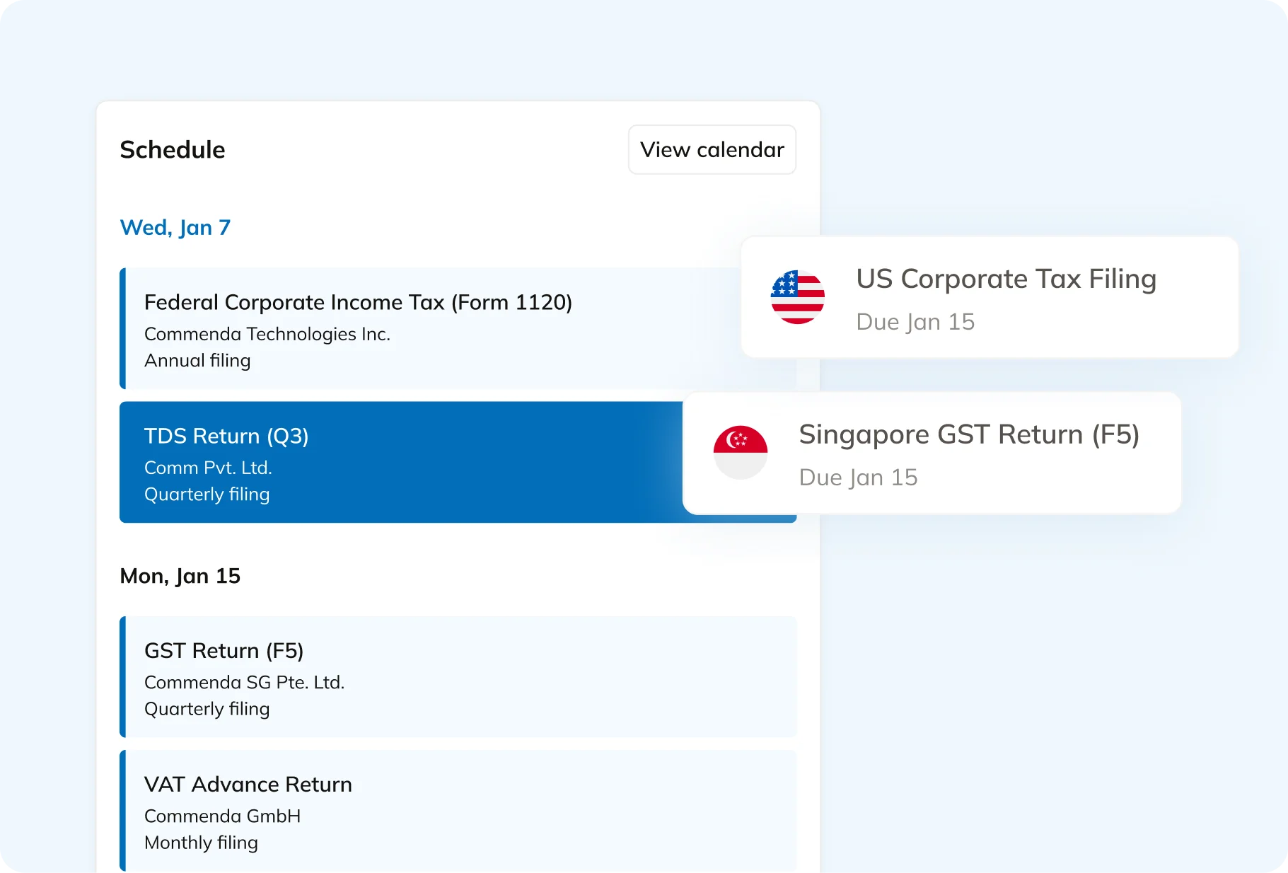 Commenda entity dashboard with filing status and compliance data across jurisdictions