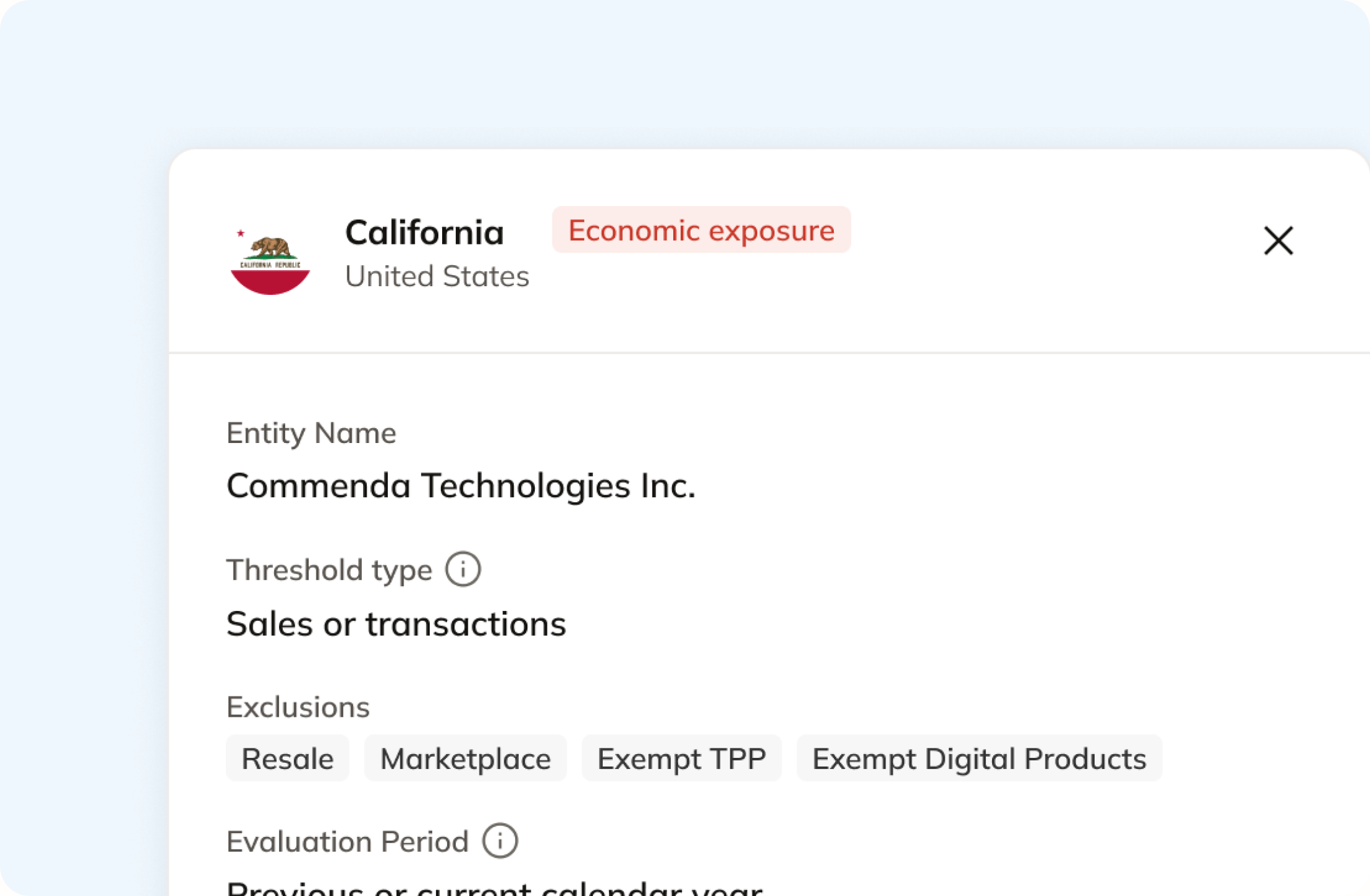 Commenda nexus exposure detail for California showing economic exposure, threshold type, and exemptions for an entity
