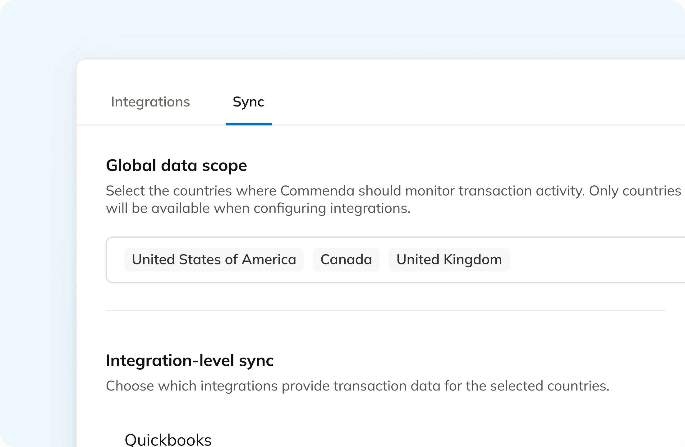 Commenda sync settings with a global data scope selecting the United States, Canada, and United Kingdom for integration-level sync