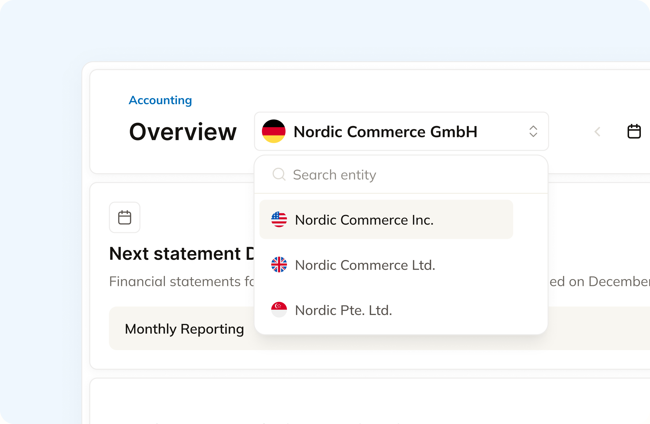 Commenda accounting overview with an entity switcher listing Nordic Commerce GmbH, Nordic Commerce Inc., Nordic Commerce Ltd., and Nordic Pte. Ltd.
